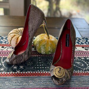 Charles Jourdan Paris Snakeskin Peeptoe Heels with Gold Embellishing, New Size 8